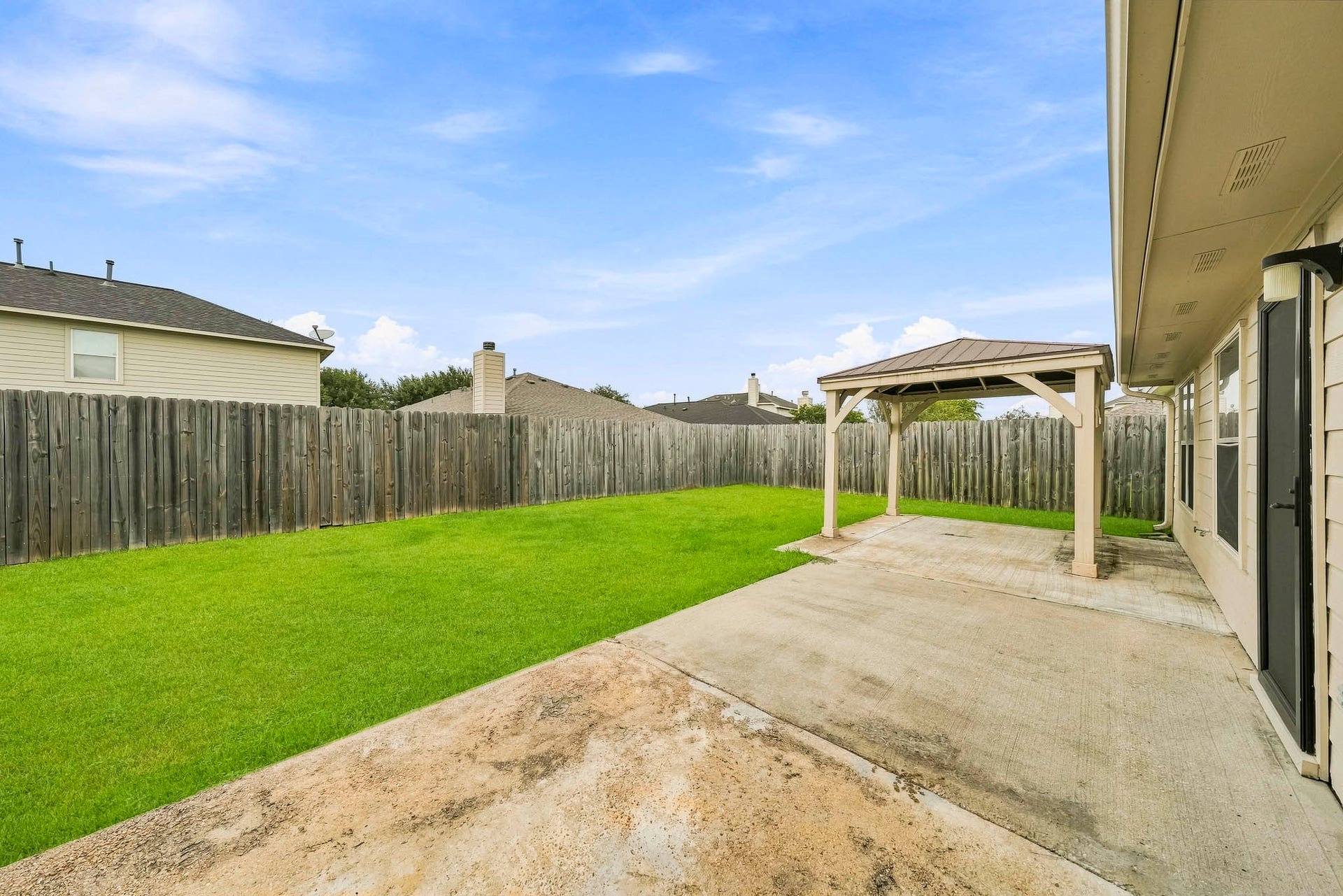 18126 Brightwood Park Lane, Richmond, TX 77407 Covered patio overlooks the expansive backyard for easy outdoor enjoyment.