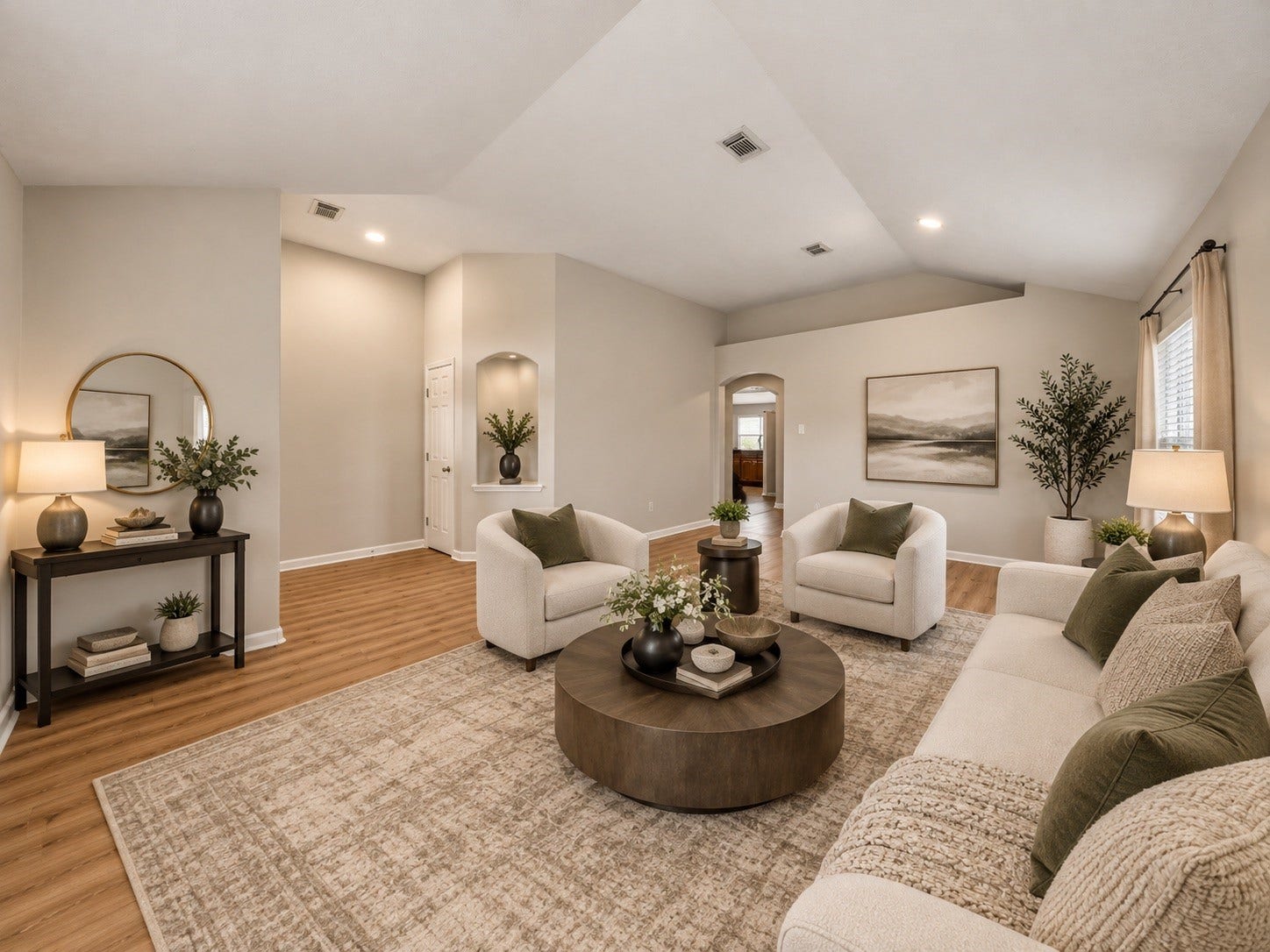 18126 Brightwood Park Lane, Richmond, TX 77407 Spacious virtually staged family area offers warm flooring, a high ceiling, and plenty of natural light.