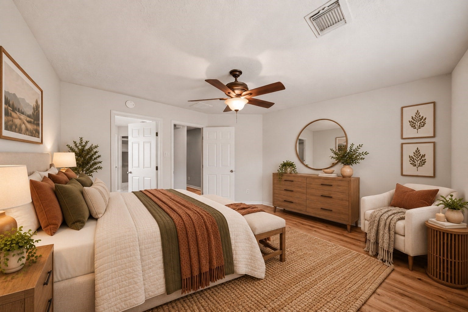 18126 Brightwood Park Lane, Richmond, TX 77407 Virtually staged view highlights the primary bedrooms generous size and double-door entry to the bath.