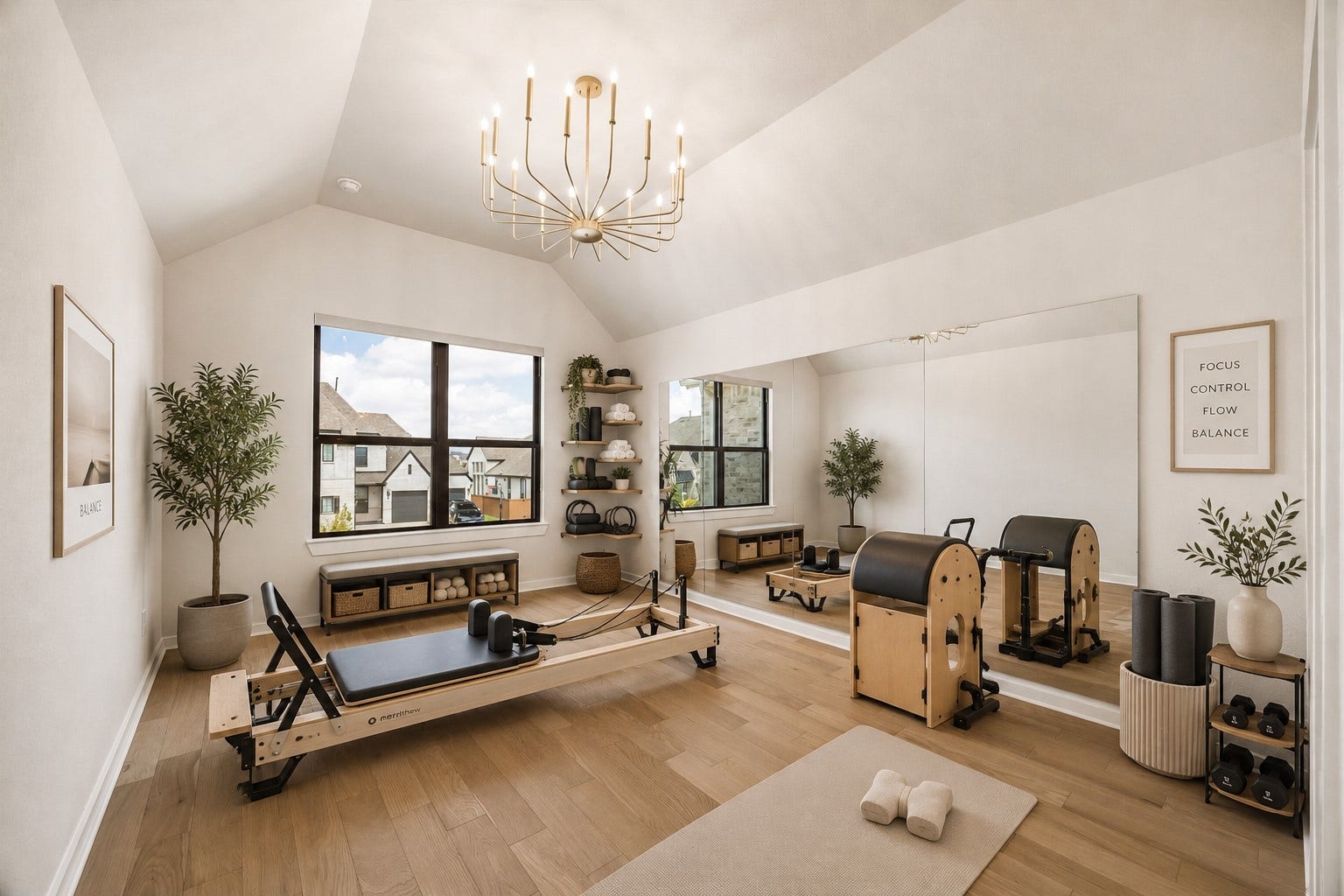 BEDROOM 3 - USED HERE AS A FLEX ROOM FEATURES A VAULTED CEILING, GORGEOUS CHANDELIER, LARGE WINDOW, WOOD FLOORING, AND A FULL MIRRORED WALL, MAKING IT WELL SUITED FOR FITNESS OR STUDIO USE. **Virtually Staged.