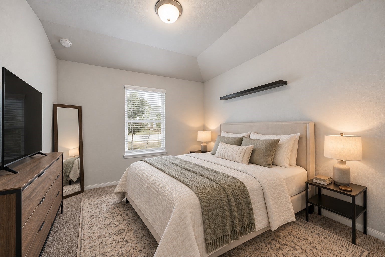 903 Pismo Lane, Rosharon, TX 77583 Virtually Staged: This comfortable secondary bedroom features a vaulted ceiling and plush carpeting that creates a cozy, inviting atmosphere. A centrally positioned window welcomes natural light into the space.