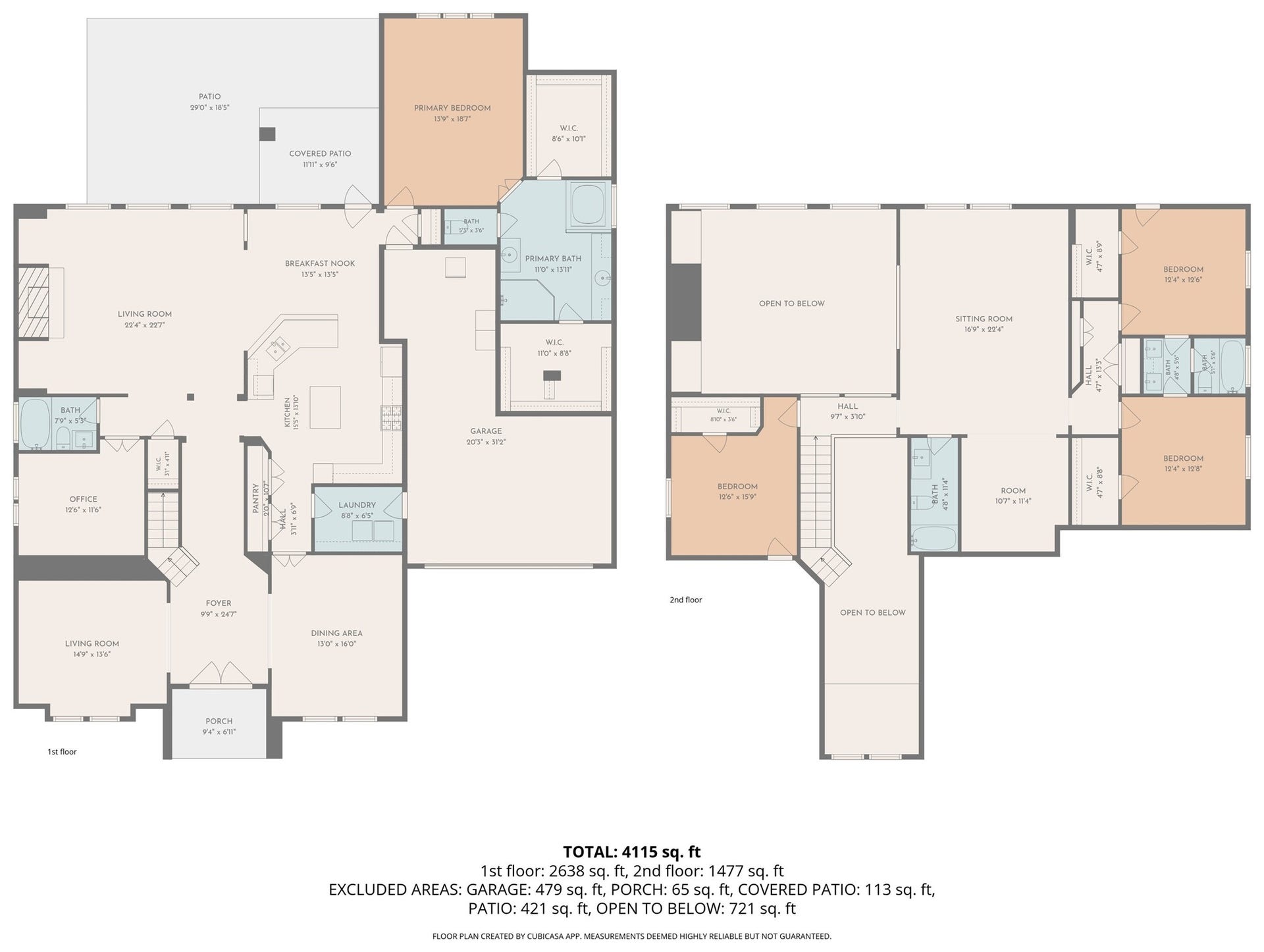 440 Old Orchard Court, Dickinson, TX 77539 Floor plan - first and second floor with room dimensions. Prepared by CubiCasa; measurements deemed reliable but not guaranteed, buyer to verify.