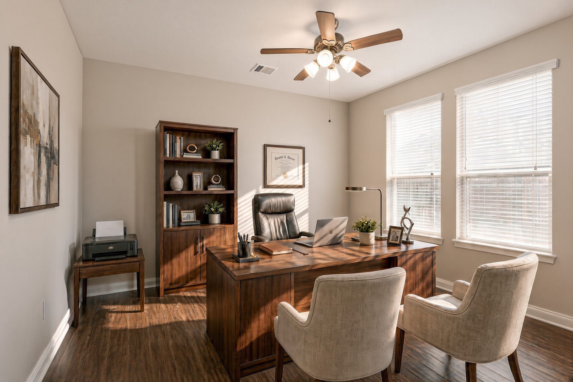 440 Old Orchard Court, Dickinson, TX 77539 A private study off the entry offers mahogany wood tile, generous window light, and enough footprint for a desk, seating, and full-height shelving. A closet and full bath just outside the doors let it double as a flex room or fifth bedroom.