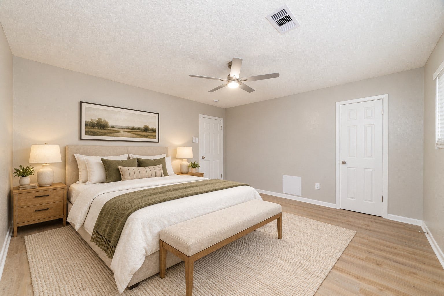 2830 Westerland Drive, Houston, TX 77063 The primary bedroom, imagined with layered bedding, oak nightstands and a quiet place to end the day. Virtually staged.