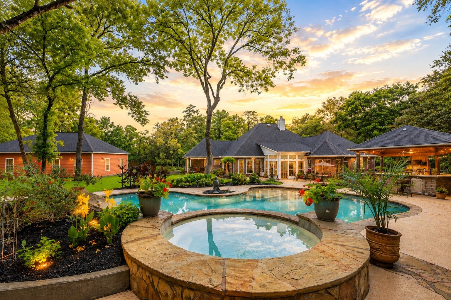 Tucked beneath a canopy of mature trees, the backyard opens into a private retreat where the heated pool and spa become the centerpiece of relaxed country living.