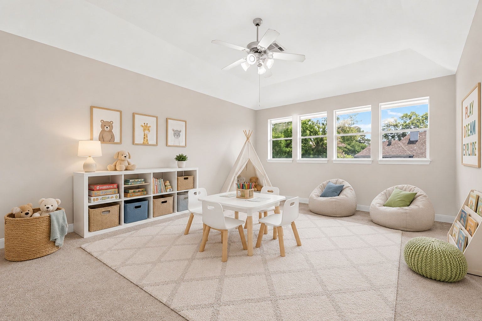 3610 Forest Row Drive, Houston, TX 77345 Bright and inviting playroom with large windows, cozy seating, and ample storage for toys and books, perfect for children's activities and creativity. (Virtually staged)