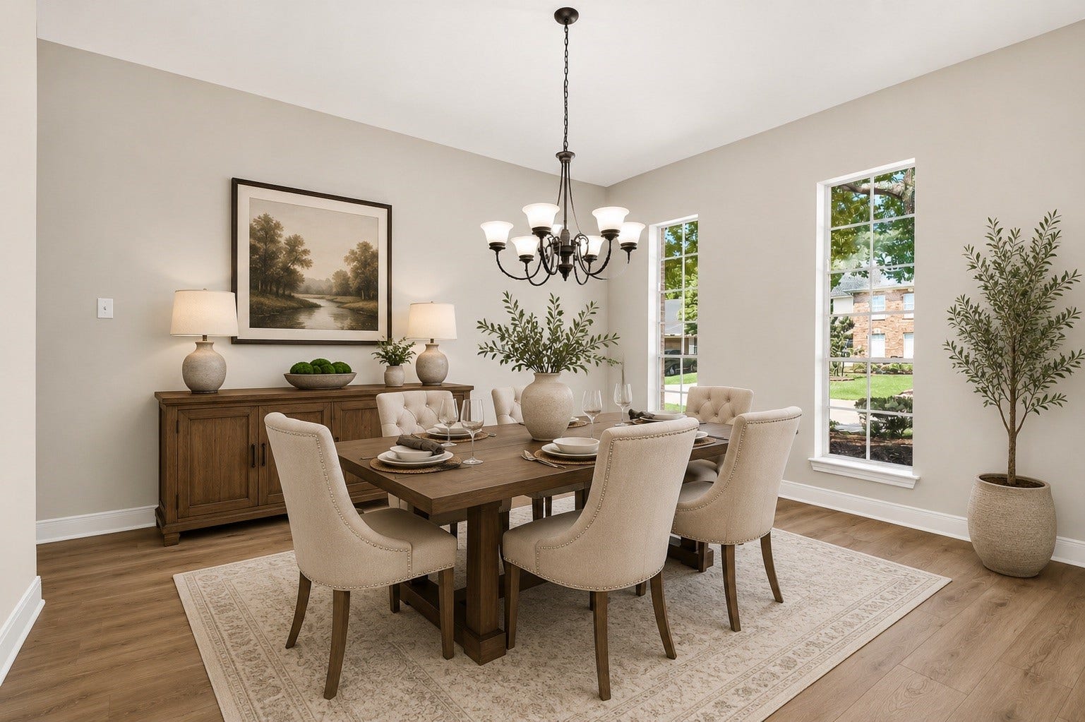 3610 Forest Row Drive, Houston, TX 77345 Elegant dining room with natural light, featuring a wooden table, plush chairs, and tasteful decor, perfect for gatherings. (Virtually staged)