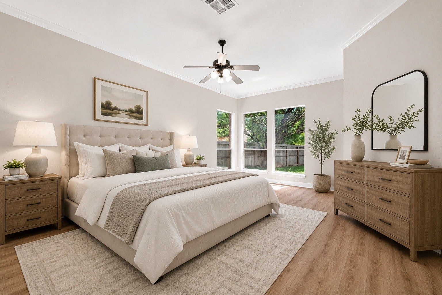 3610 Forest Row Drive, Houston, TX 77345 Spacious and serene bedroom with large windows offering abundant natural light, elegant hardwood floors, and tasteful neutral decor, creating a cozy retreat. (Virtually staged)