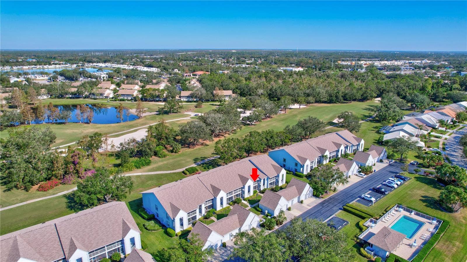 6713 STONE RIVER ROAD, #205, Bradenton, FL 34203 Front of Condo Aerial