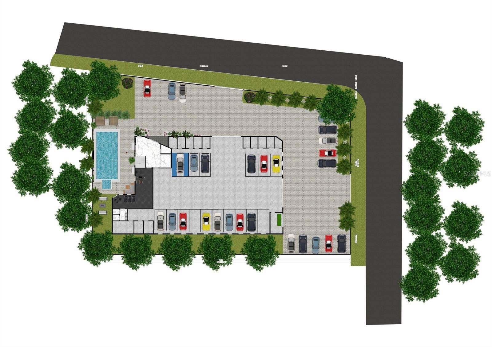 648 GUILD DRIVE, Venice, FL 34285 Aerial site plan rendering showing building footprint, parking and pool