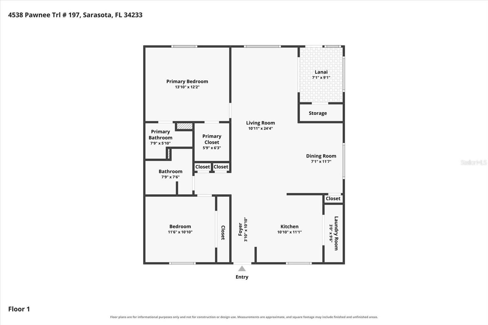 4538 PAWNEE TRAIL, #197, Sarasota, FL 34233 Floor plan dimensions are approximate