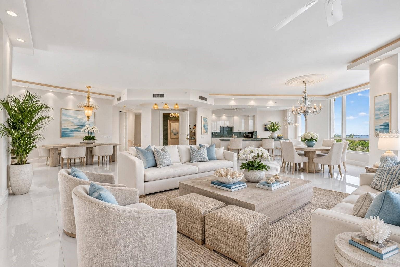 1281 GULF OF MEXICO DRIVE DRIVE, #707, Longboat Key, FL 34228 Virtually Staged - living room, kitchen and foyer