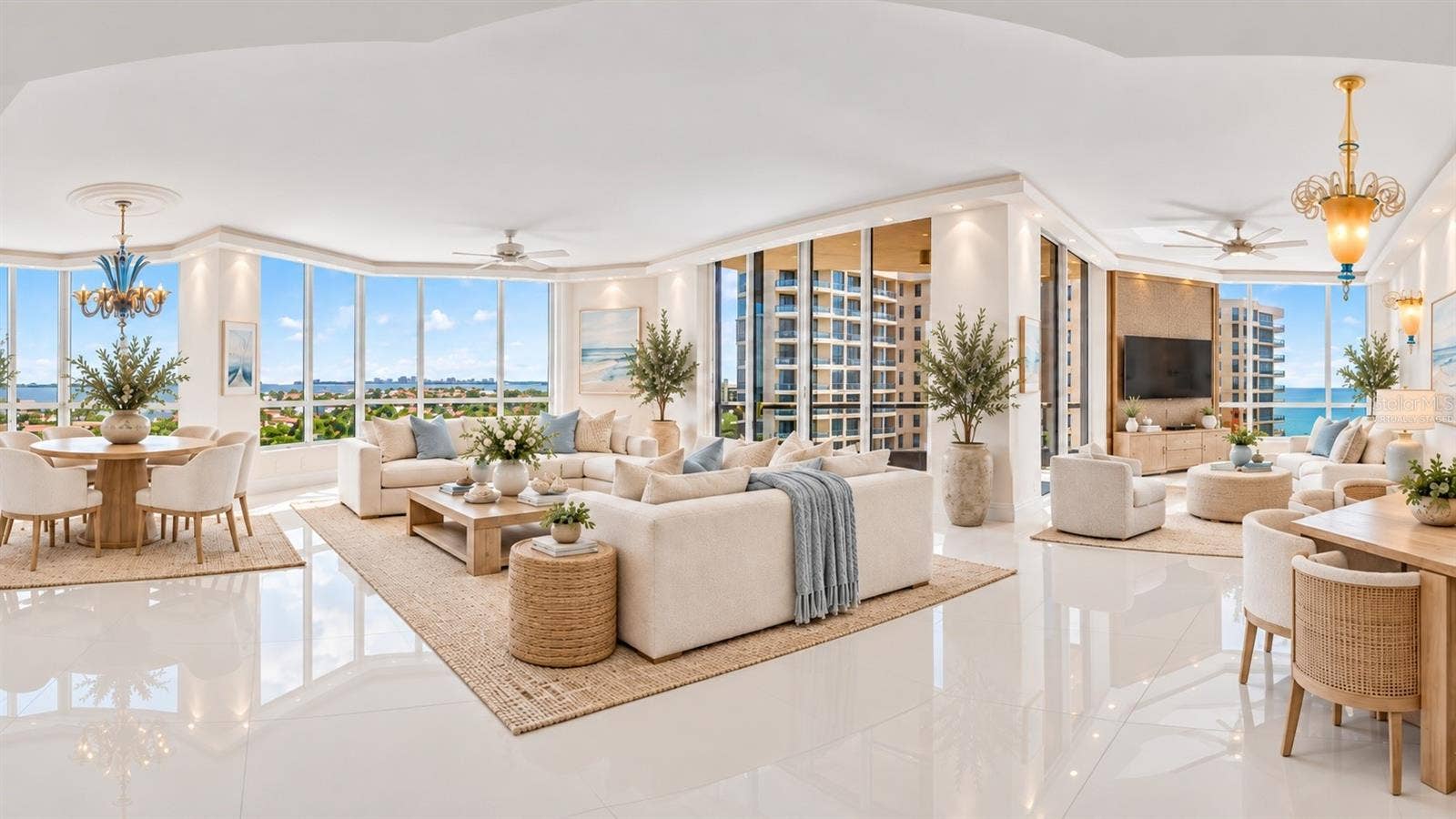 1281 GULF OF MEXICO DRIVE DRIVE, #707, Longboat Key, FL 34228 Virtually Staged - living room, dining room, and den
