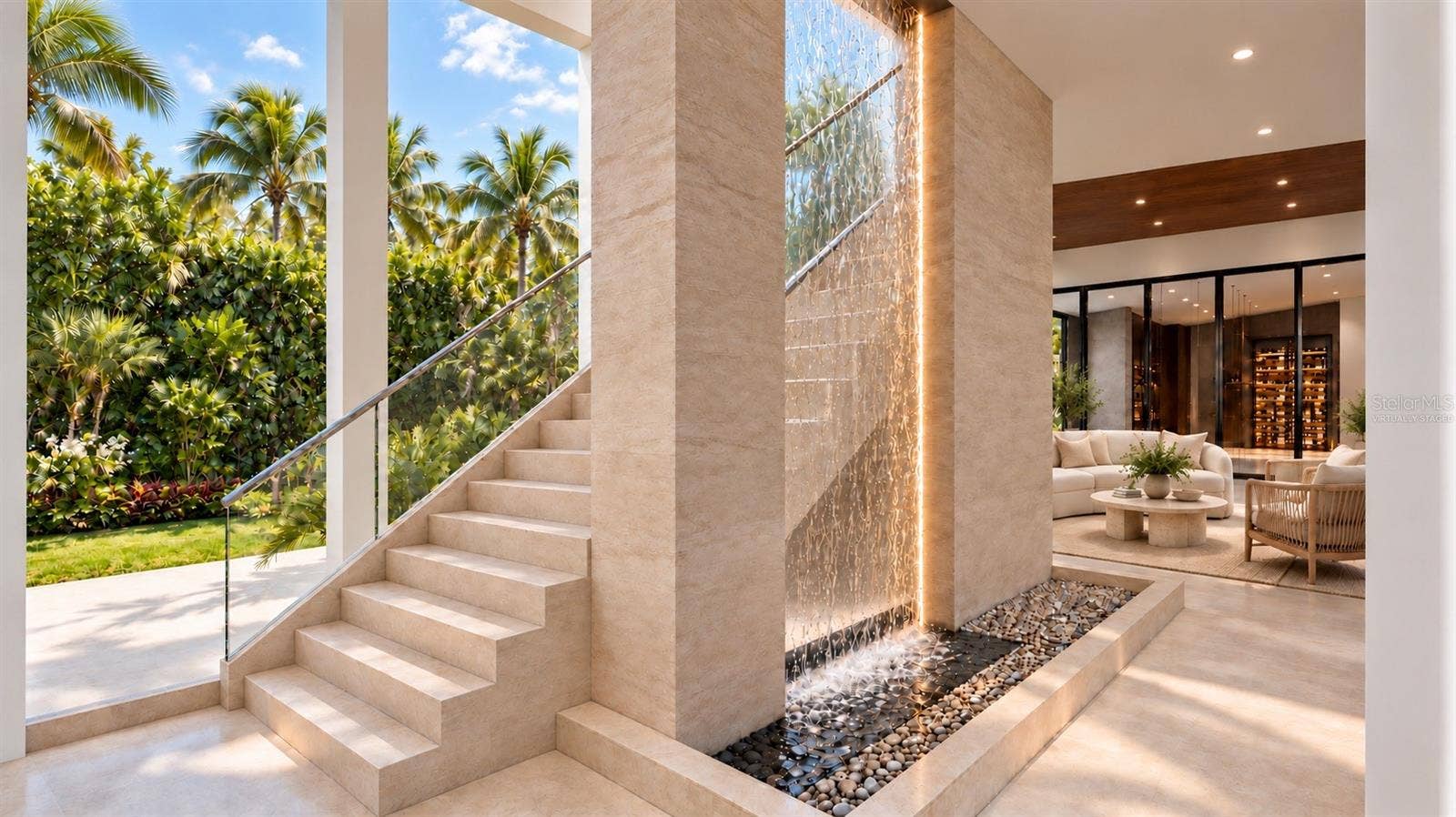 Waterfall feature and stairs to the rooftop deck. Virtually staged.