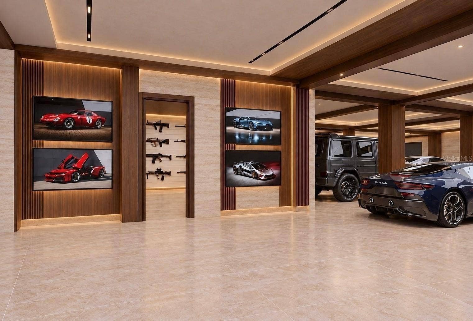 Garage with access to safe room. Virtually staged.
