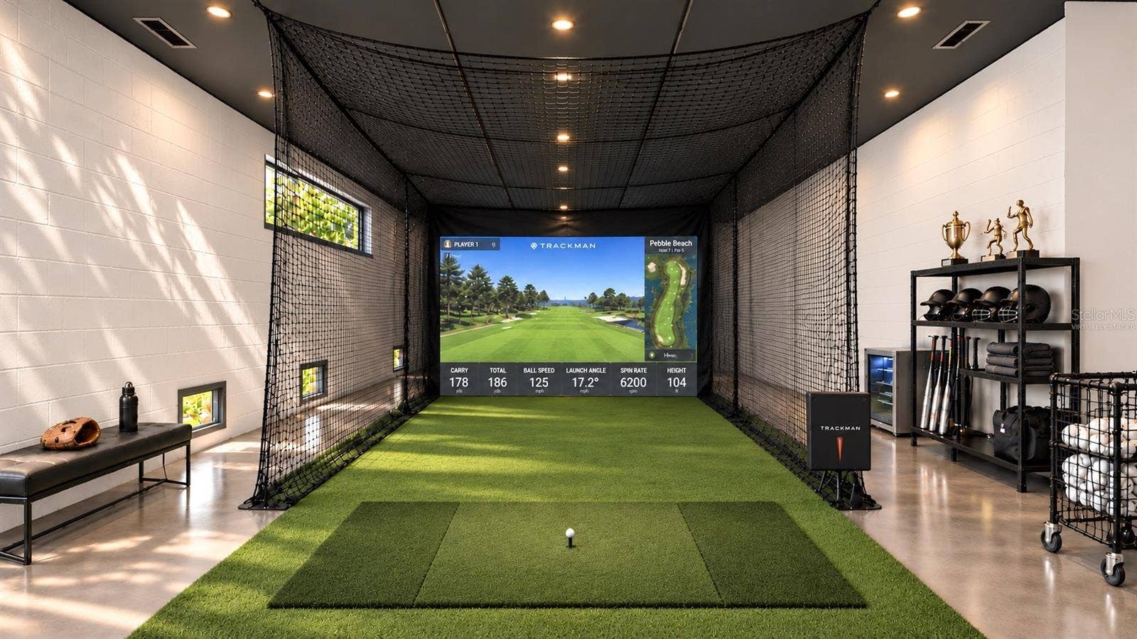 Sport simulator area on the ground floor. Virtually staged.