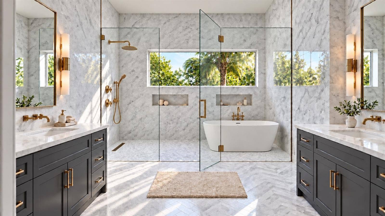Primary bathroom. Tile installed. Virtually staged.