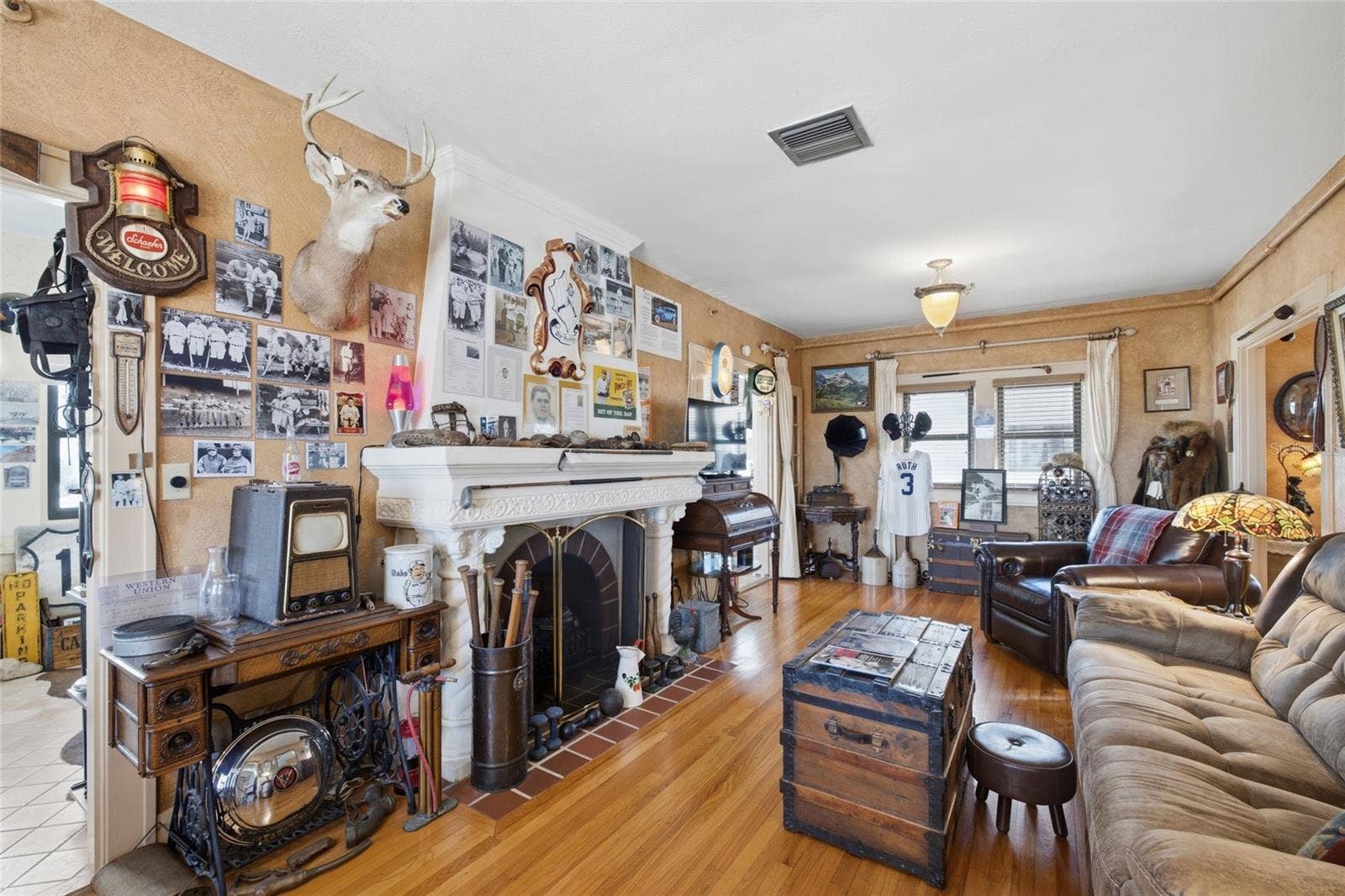 Living Room with Famous Babe Ruth Custom Fireplace