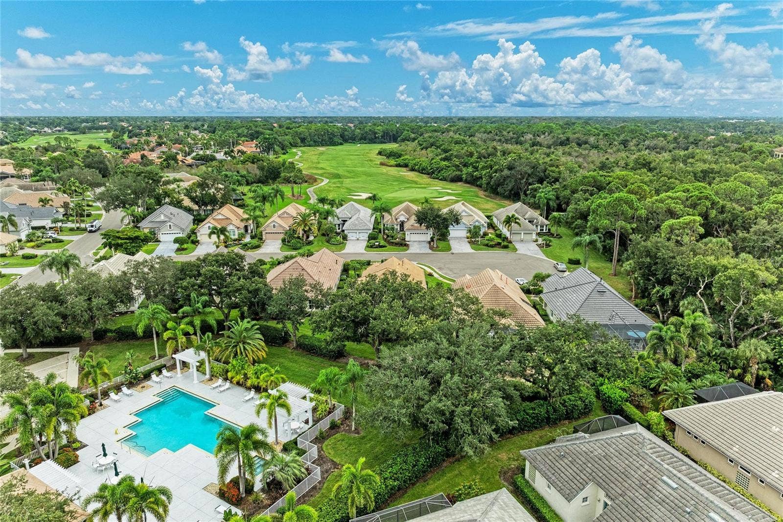 7816 HERITAGE CLASSIC COURT, Lakewood Ranch, FL 34202 Community pool area with home in the background 3rd from the right