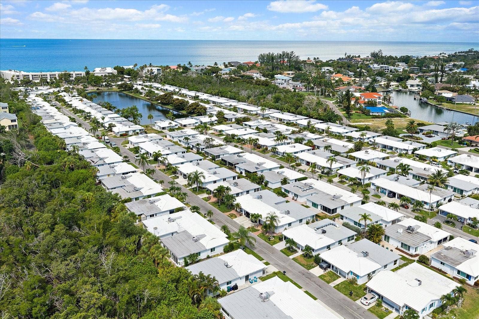 Aerial view of waterfront condo community