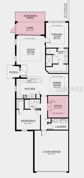 Floor Plan ~ Additional Highlights Include: Tray ceiling package, double pocket doors at study, 8' interior doors, extended screened patio, whole house impact windows, pendant light package at kitchen, and sink at laundry