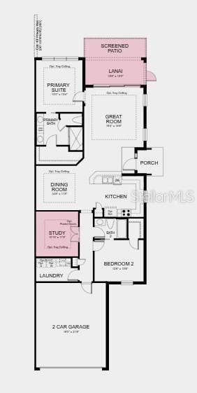 Floor Plan ~ Additional Highlights Include: tray ceiling package, double pocket doors at study, 8' interior door package, extended screened patio, pre-plumb for future laundry sink and whole house impact windows