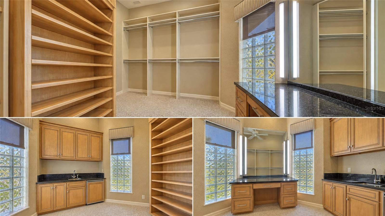 Oversized primary walk-in closet with morning kitchen