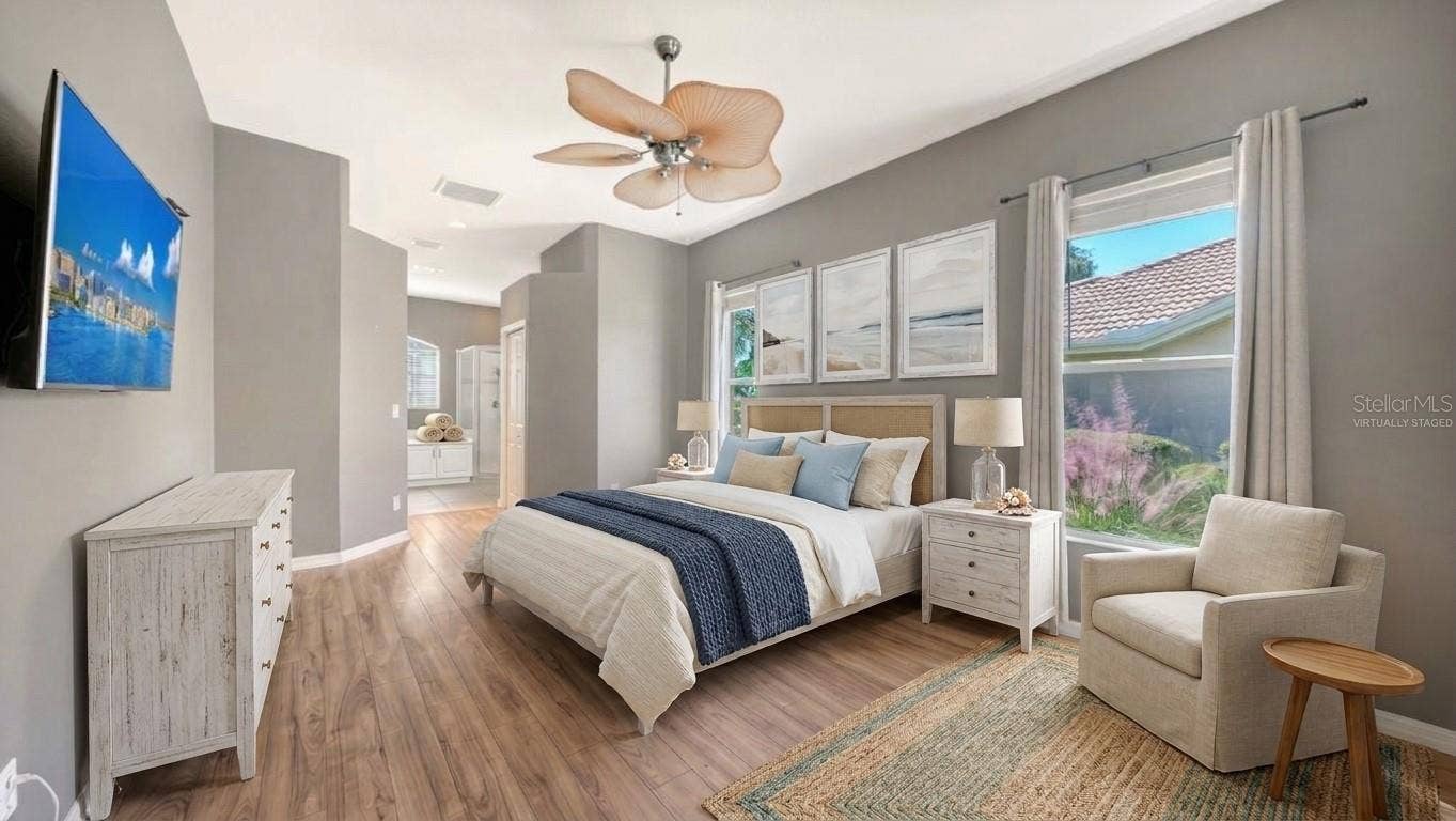 Primary bedroom virtually staged for illustration