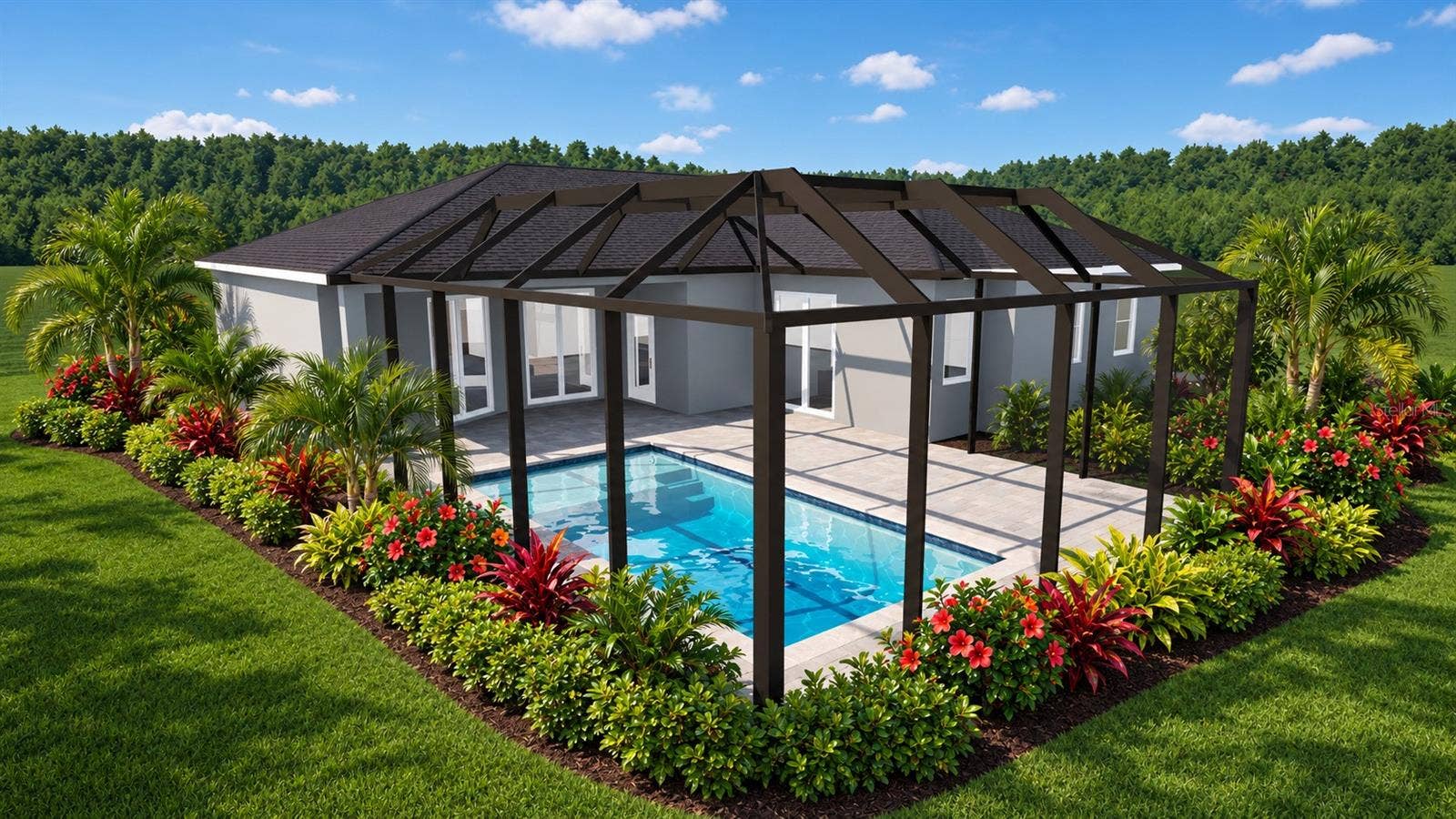 3226 45TH WAY E, Bradenton, FL 34203 ARTIST'S CONCEPTUAL RENDERING FOR ILLUSTRATION PURPOSES ONLY. Pool, decking, and screen enclosure are proposed improvements and do not currently exist on the property. Pool is not included in the sale. Actual design, dimensions, placement, construction, and feasibility are subject to permitting, setbacks, HOA approval, and applicable regulations. Created by Nelson Pool Company