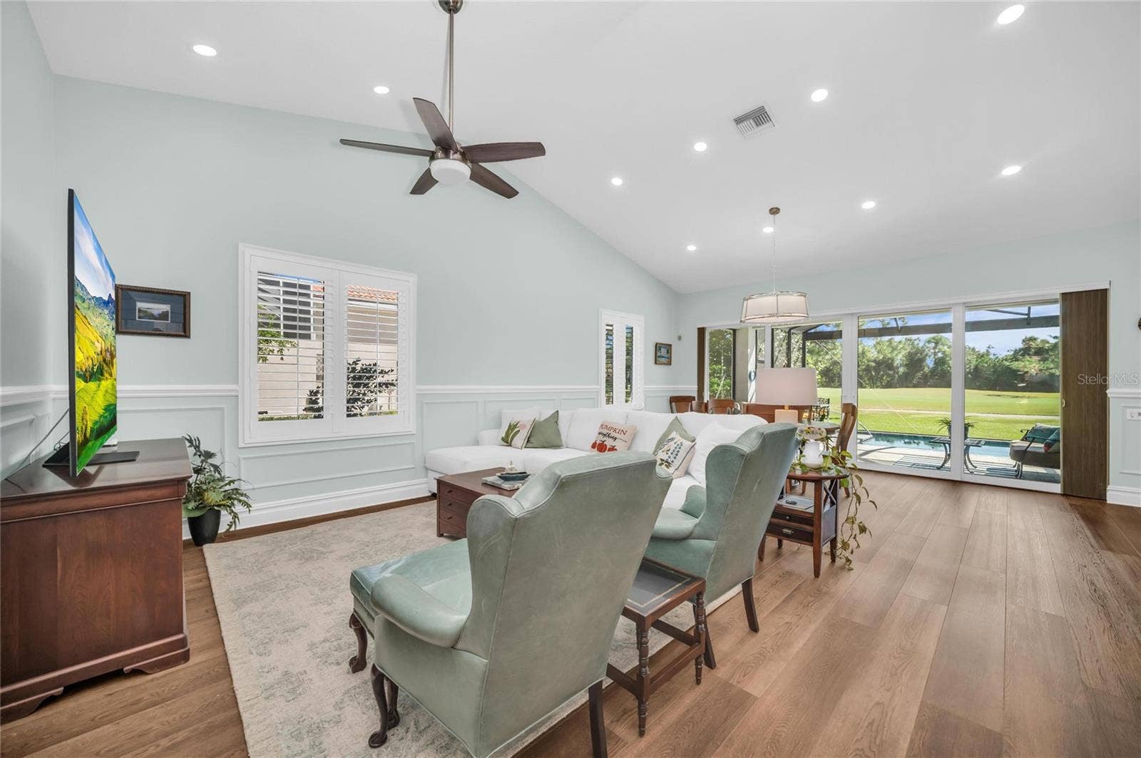Family room with vaulted ceiling