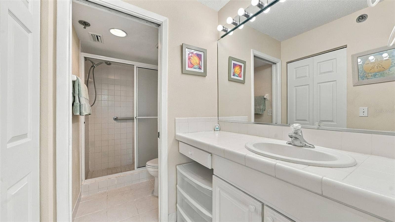 4550 PINEBROOK CIRCLE, #203, Bradenton, FL 34209 Primary Bathroom - Pocket door divides toilet and walk-in shower from vanity area