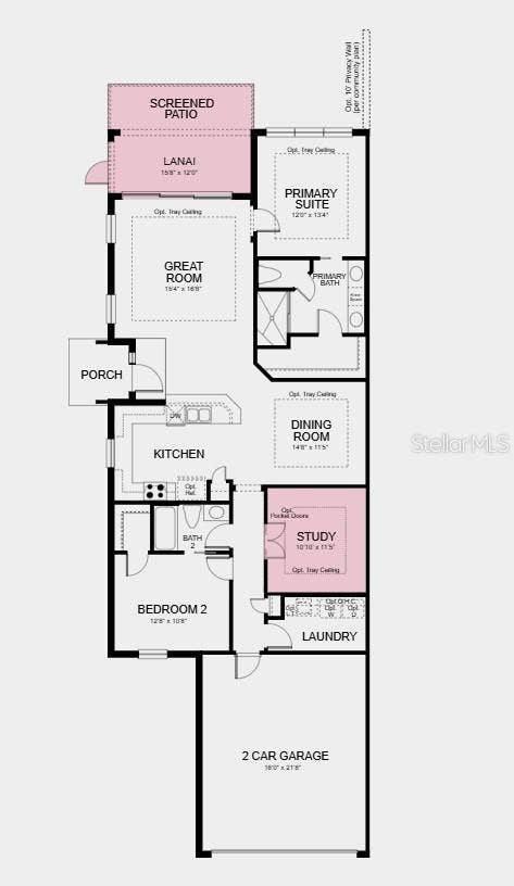 7508 MOONBEAM AVENUE, Sarasota, FL 34241 Floor Plan - Additional Highlights Include: Laundry package, GE refrigerator, pendant light package at kitchen, tray ceiling package, double pocket doors at study, 8' interior doors, pre-plumb sink at laundry, and whole house impact windows