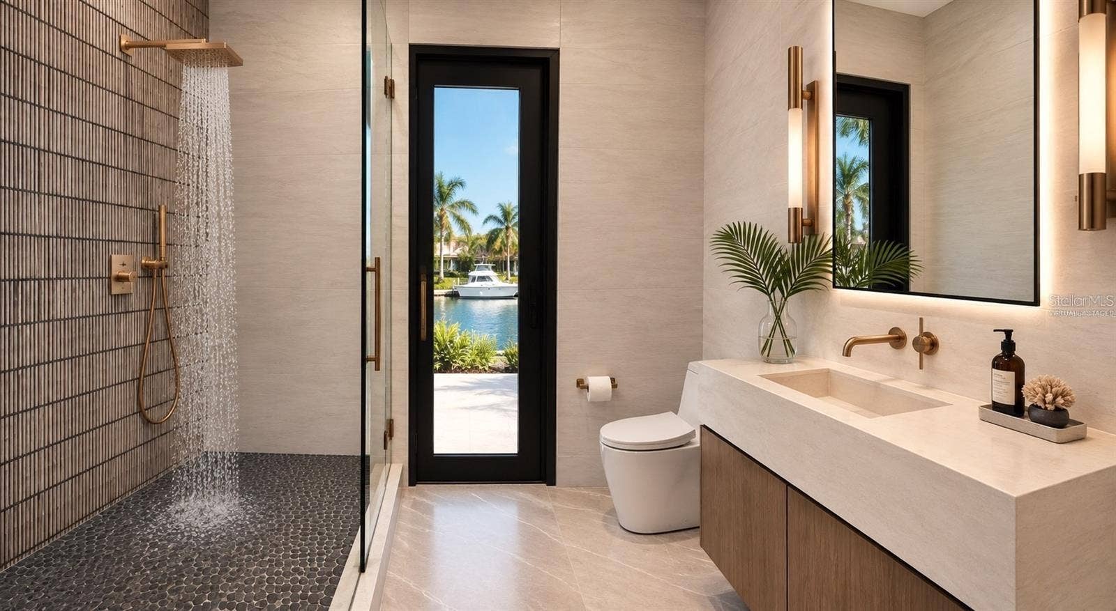 3441 GULFMEAD DRIVE, Sarasota, FL 34242 Full bathroom off of the pool deck. Virtually staged.