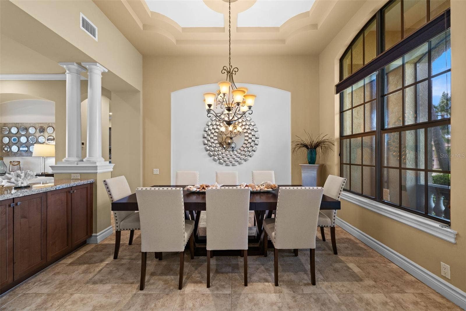 Huge windows in the formal dining room