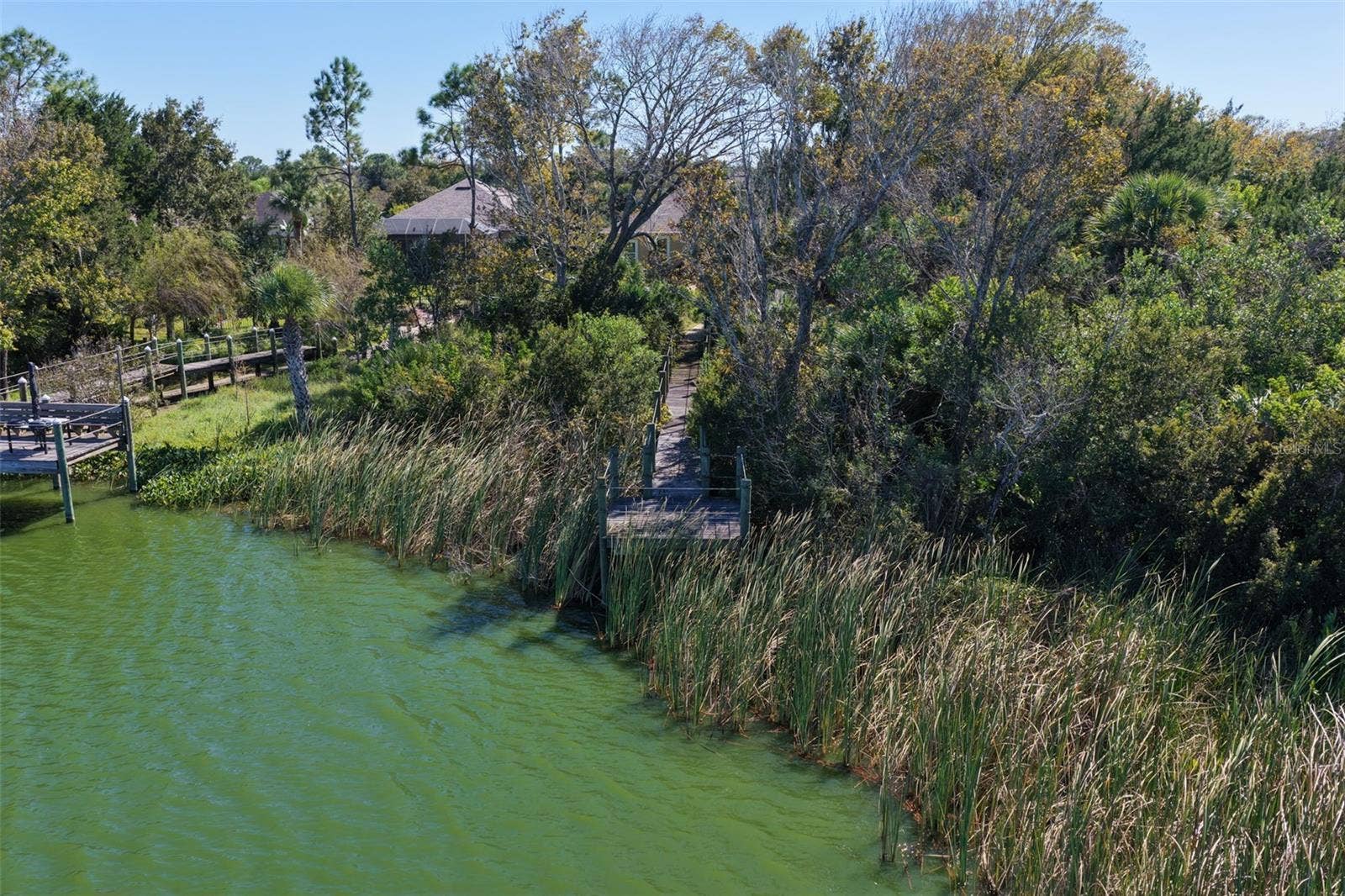 25 EMERALD LAKE COURT, Palm Coast, FL 32137 A private walkway winds through the natural landscape to a lakeside dock overlooking Emerald Lake.