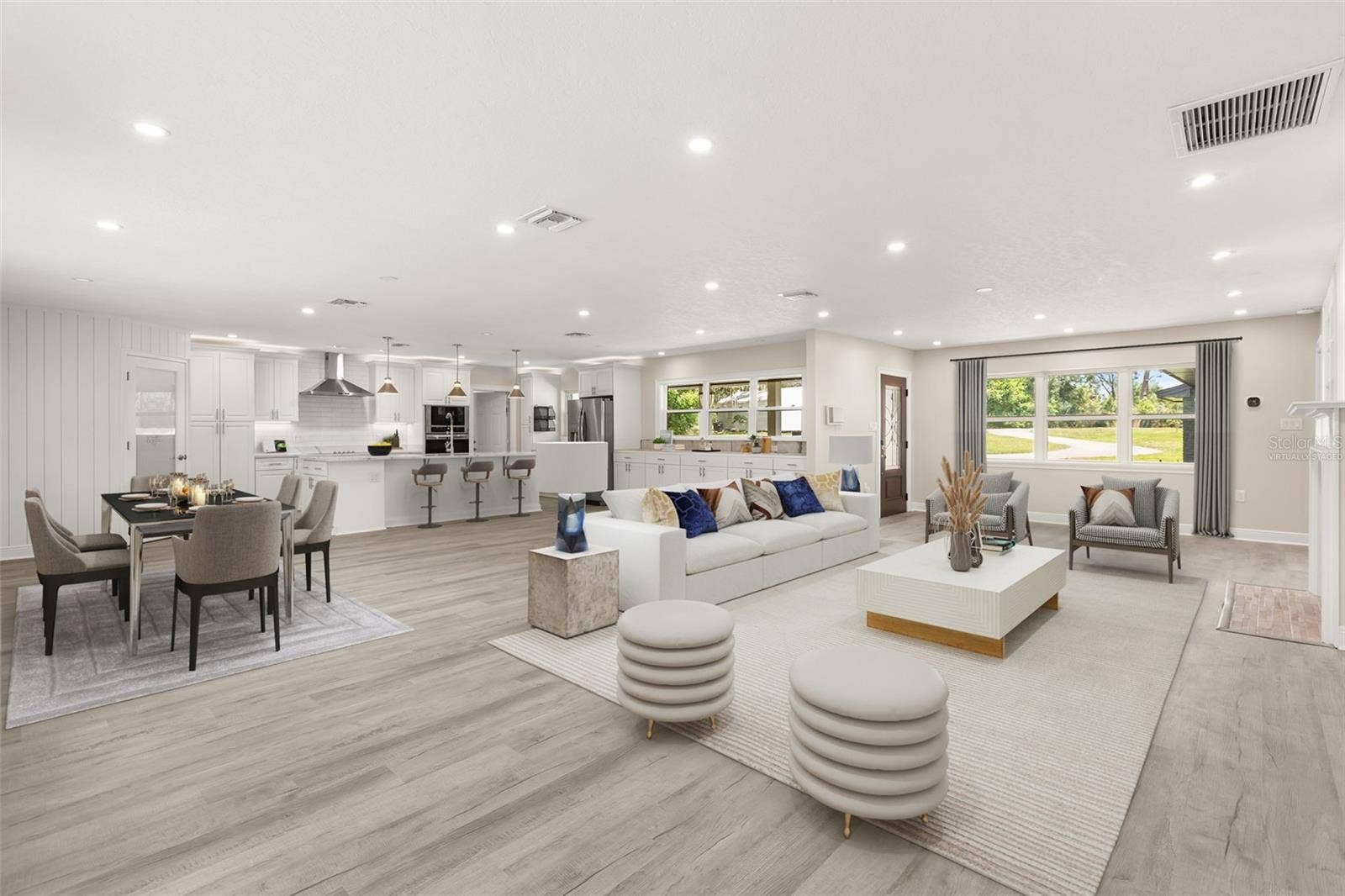 Great Room virtually staged: Entry, Living Room, Dining Room, Kitchen