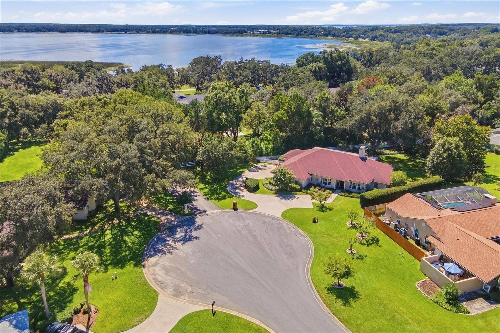 8732 SPRING COURT, Leesburg, FL 34788 Aerial of home-Located on cul-de-sac and just to left of home is private road leading to lake access.
