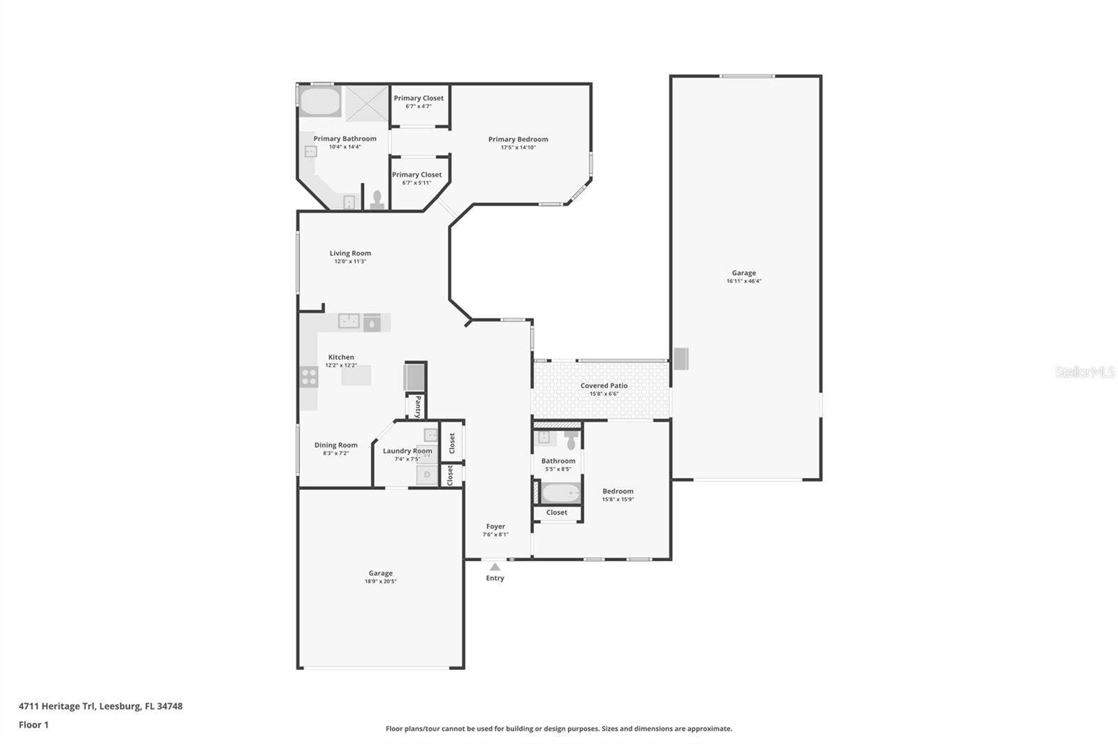 4711 HERITAGE TRAIL, Leesburg, FL 34748 Floor Plan Showing 2 Bedrooms, 2 Baths, Flex Room and RV Garage