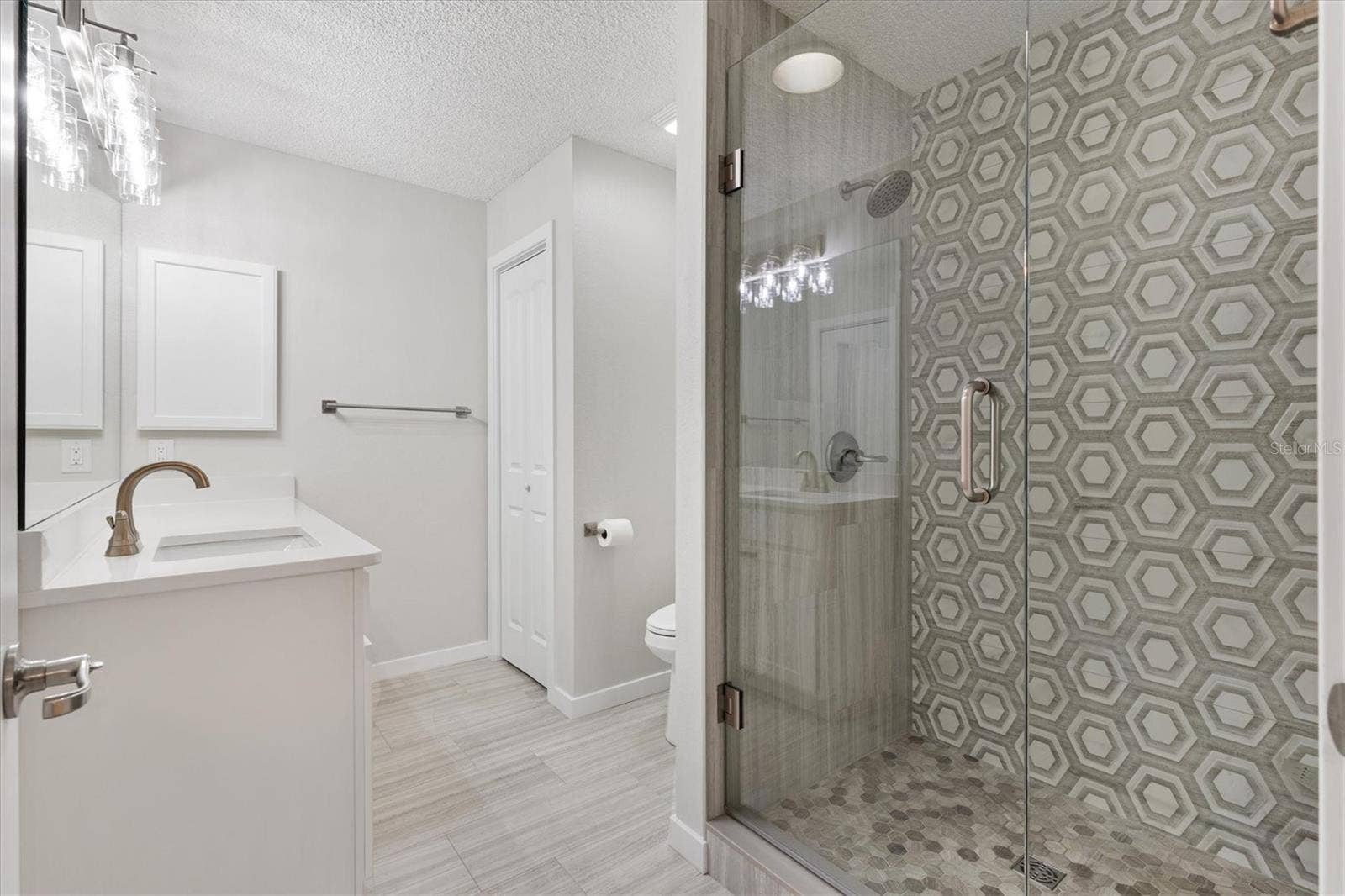 9595 SE 171ST ARGYLL STREET, The Villages, FL 32162 Glass Door shower and Quartz countertops enhance the Primary Ensuite.
