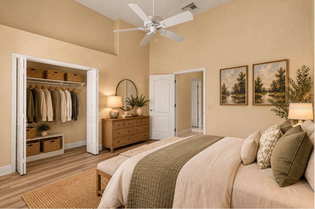 Virtually staged guest bedroom.