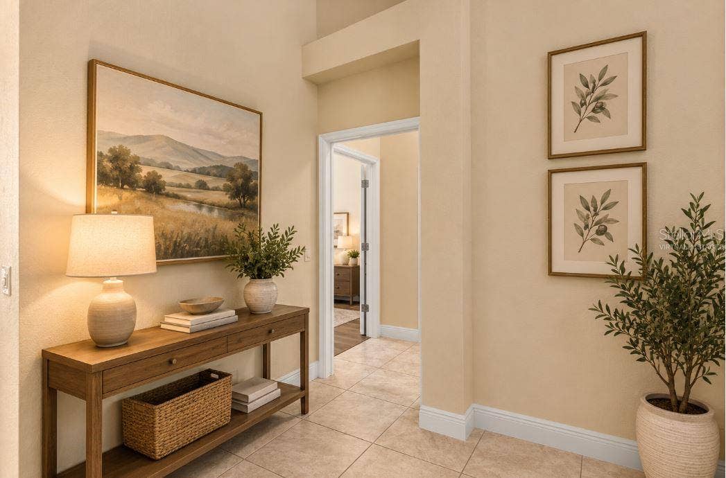 Virtually staged Hallway Leading to Guest Bedrooms and Home Office.