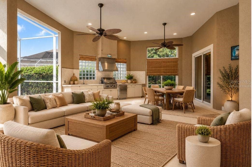 Virtually staged outdoor kitchen.