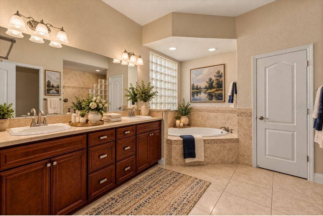 Master bathroom virtually staged Dual Vanities.