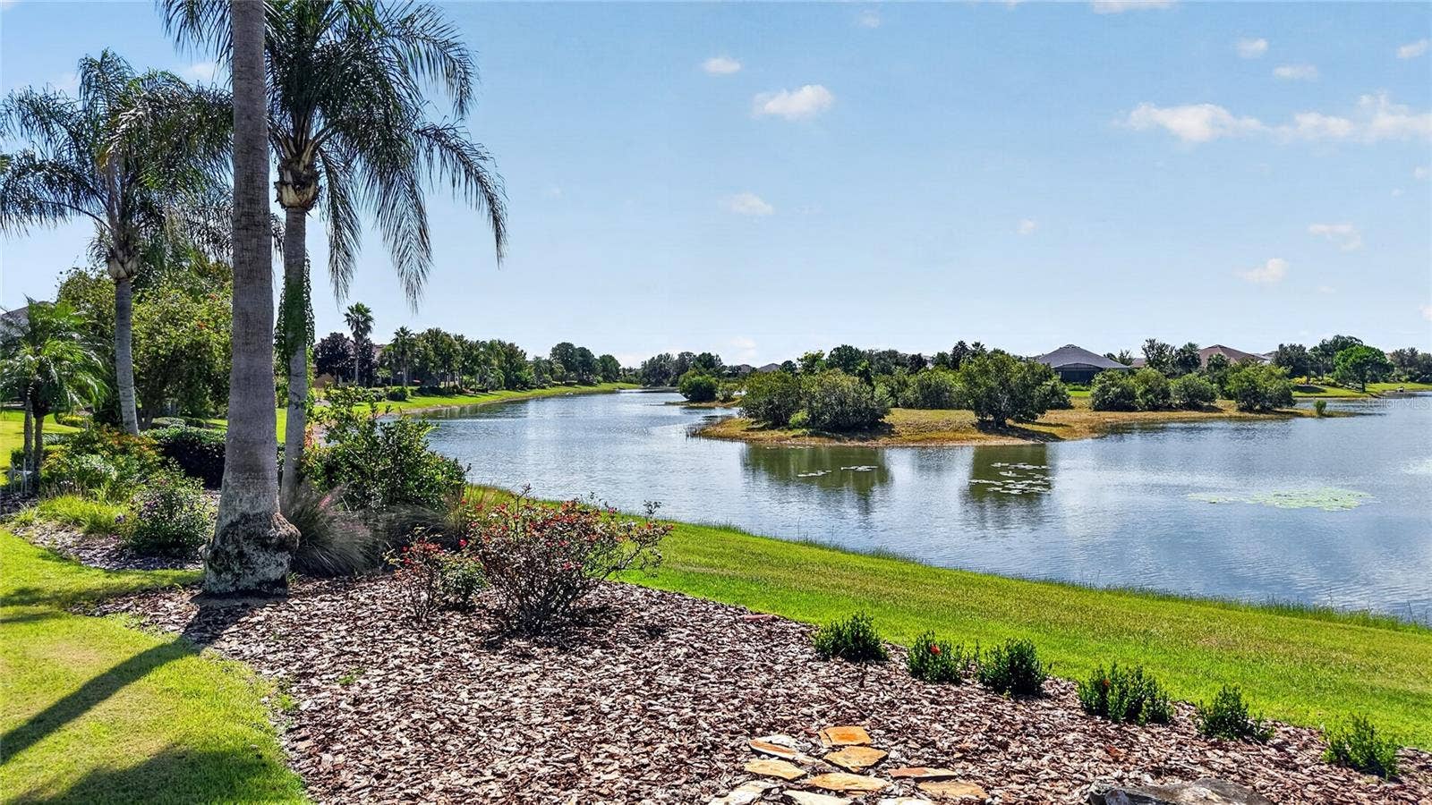 The view of the lake is peaceful from the backyard.