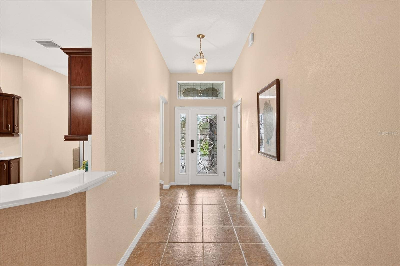 2454 MORNING DOVE LANE, The Villages, FL 32162 An inviting FOYER with warm wood-look flooring and decorative pendant lighting welcomes you home, opening to the kitchen and main living spaces.