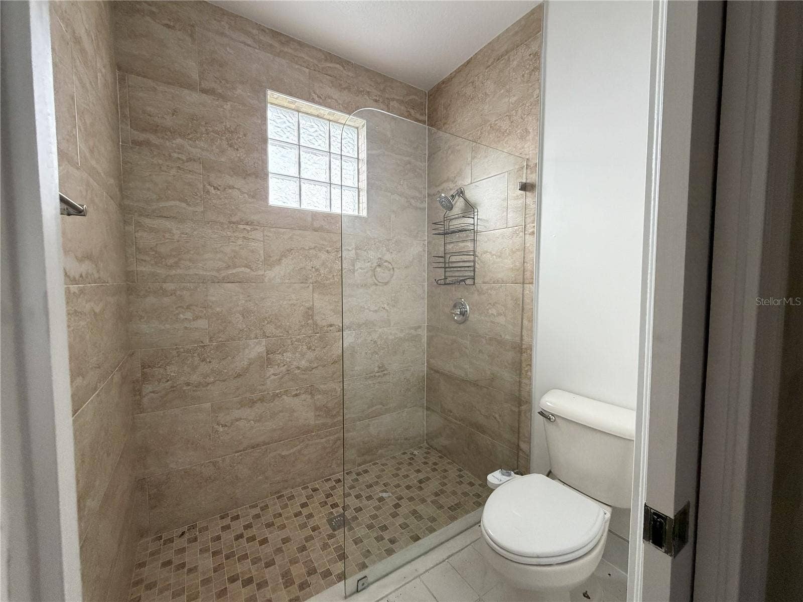 39539 HARBOR HILLS BOULEVARD, Lady Lake, FL 32159 Tiled shower with glass partition and glass-block window.