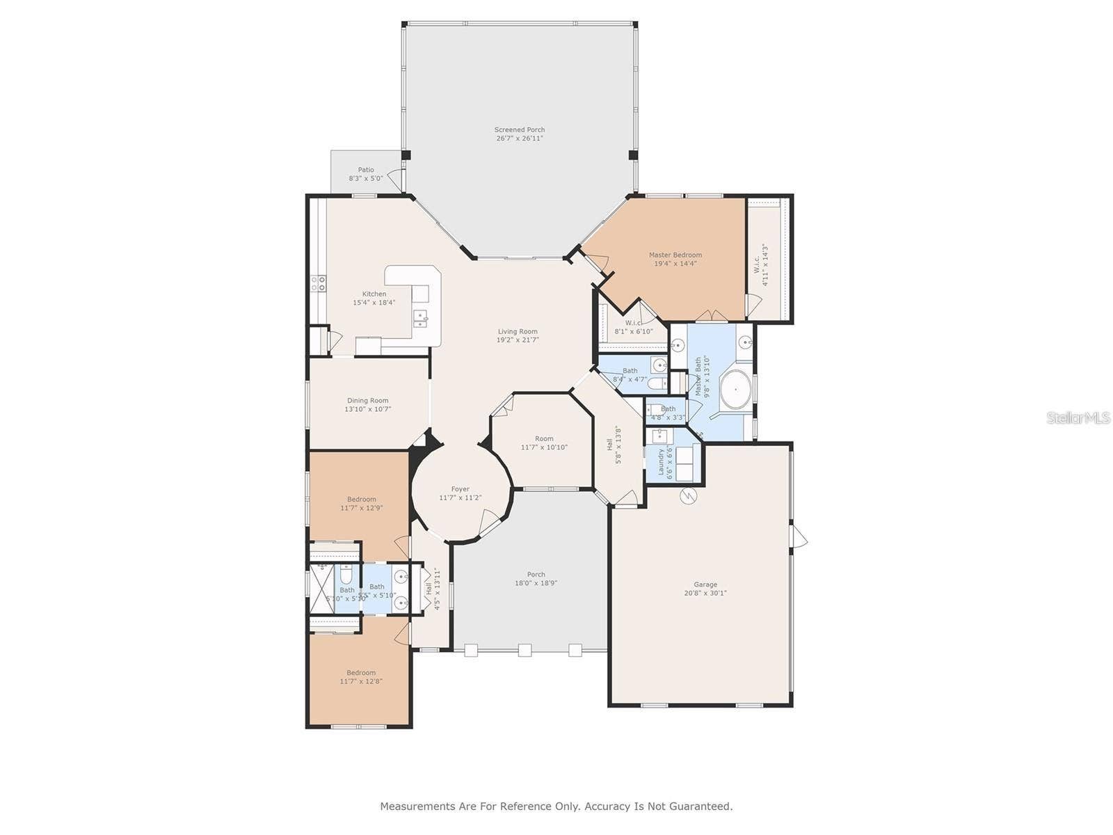 39539 HARBOR HILLS BOULEVARD, Lady Lake, FL 32159 Single-story split-bedroom layout with office, courtyard, attached garage, and screened lanai. Approximate measurements.