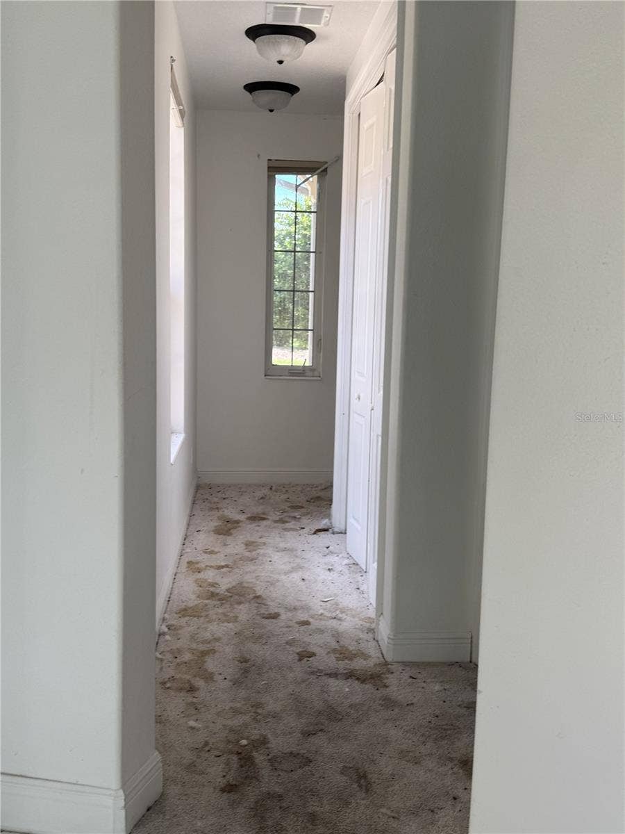 39539 HARBOR HILLS BOULEVARD, Lady Lake, FL 32159 Hallway serving secondary bedrooms and bathroom; extensive carpet staining.