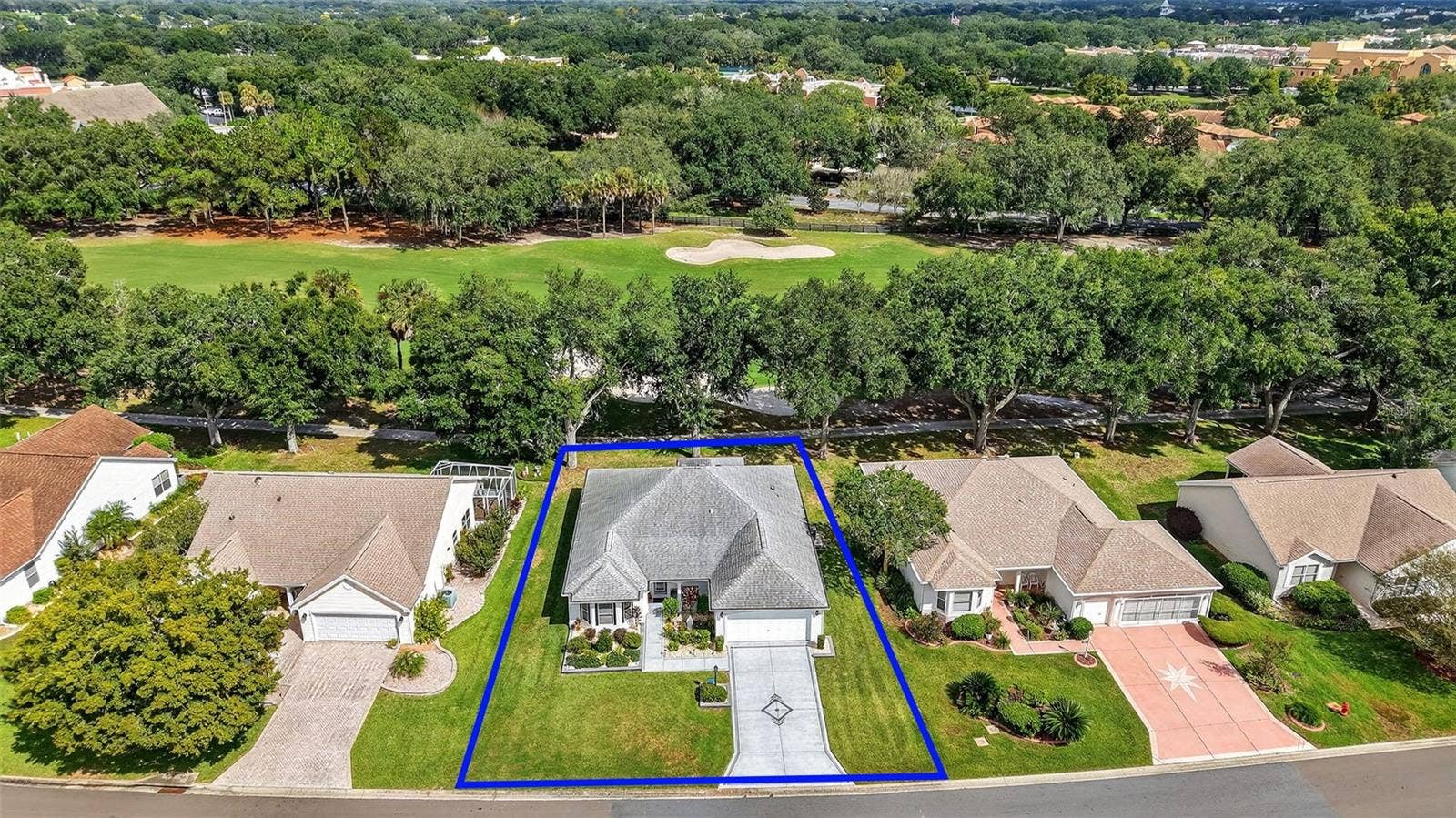 1201 BARCELONA DRIVE, The Villages, FL 32159 Aerial Front Elevation with Property Lines and Expansive Golf Front Views!