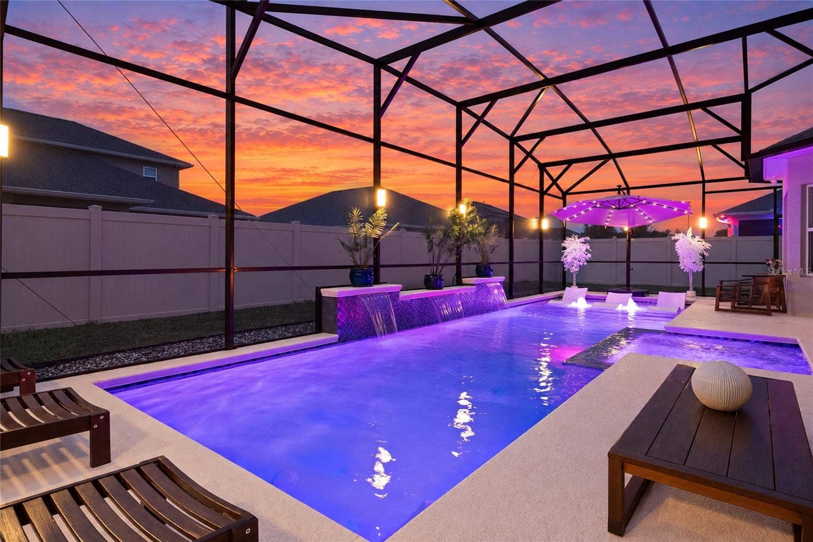 Virtually Enhanced Sunset - Pool Lights & Waterfall